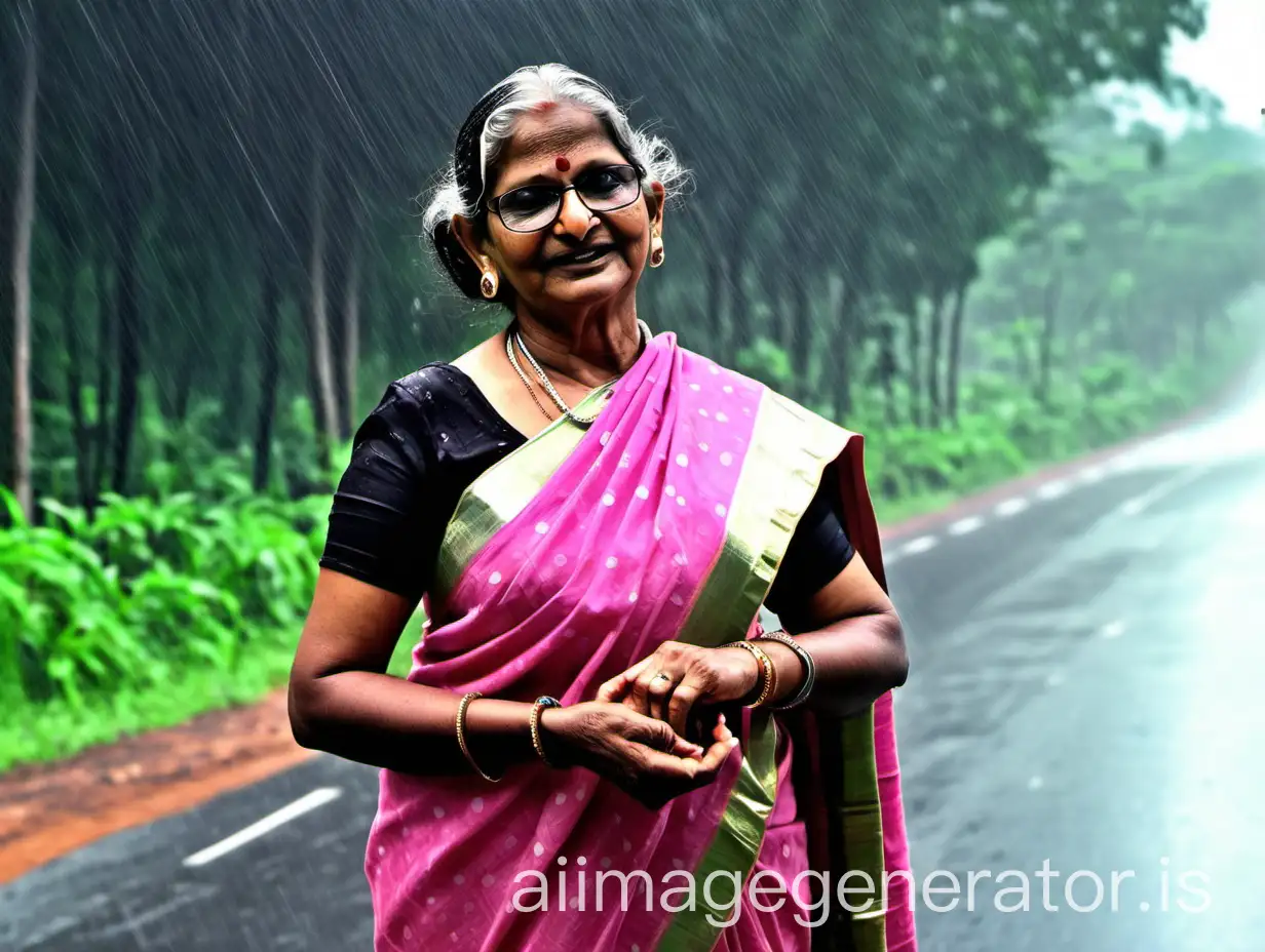 a indian mature very fat housewife school teacher woman having big stomach age 63 years old vintage looks with make up on face ,binding her high volume hairs, Gajra Bun Hairstyle . wearing metal anklet on feet and high heels , she is happy and smiling. she is wearing neck lace in her neck , earrings in ears, a power spectacles on her eyes and wearing wet pink cotton saree and a half black blouse on her body. she is putting saree on her fore head ,she has a vanity bag on her shoulders. she is standing on a lonely forest highway enjoying the rain showing hand for lift , and its day time . its raining very heavy . she is standing near a car. she is fully wet. its night time. she is showing her hand for lift.