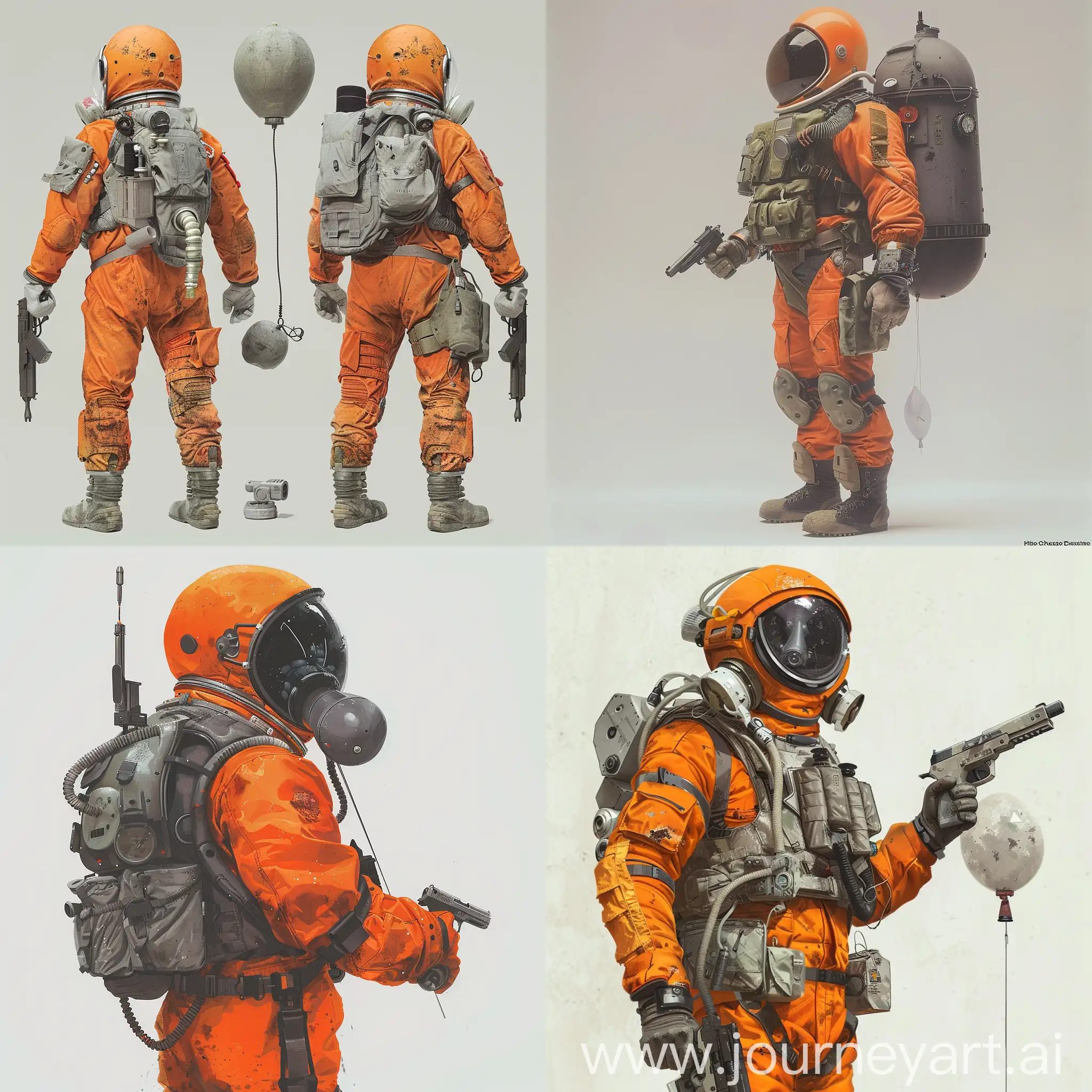 The concept art of chemical protection in 1980, chemical protection looks like a orange Soviet space suit without a spacehelmet, a gas mask instead of a spacehelmet, military gray bulletproof armor, a small breathing balloon on the back, a pistol in one hand.