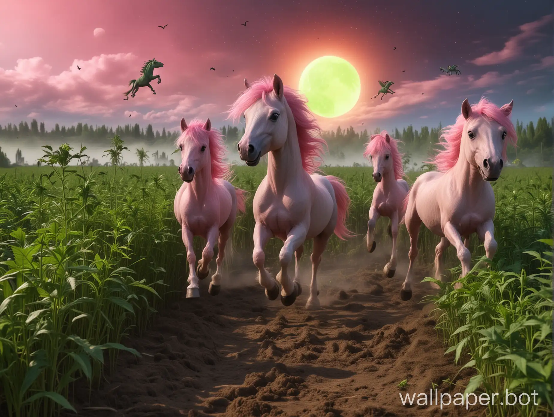 small green aliens with big black eyes run through the hemp field, brightly shines green moon, rainbow in the background, pink fog around, little pink ponies jump across the sky, full size, photorealism