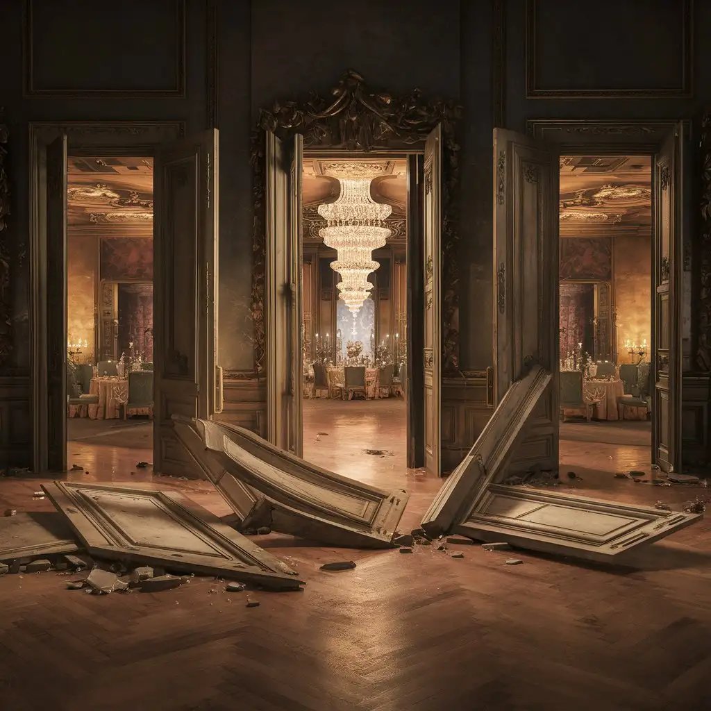 A grand ballroom lies before you, the northern part of its floor littered with the splintered remains of three doors that have been knocked from their hinges, leaving openings through which you can see adjoining rooms.
