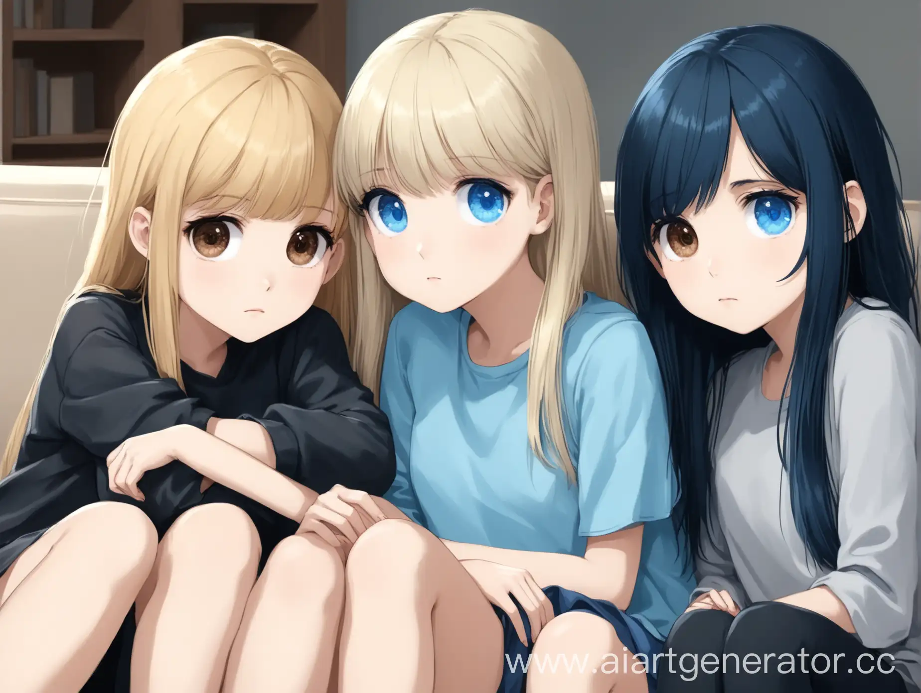 three. three friends of the girl, a blonde with brown eyes, a girl with black hair blue eyes and a girl with dark blue hairs and blue eyes are sitting on the couch together