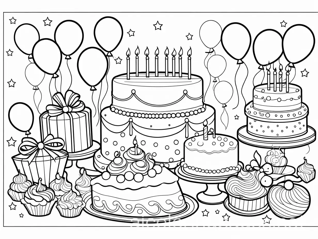 множество объектов связанных с днем рождения, Coloring Page, black and white, line art, white background, Simplicity, Ample White Space. The background of the coloring page is plain white to make it easy for young children to color within the lines. The outlines of all the subjects are easy to distinguish, making it simple for kids to color without too much difficulty