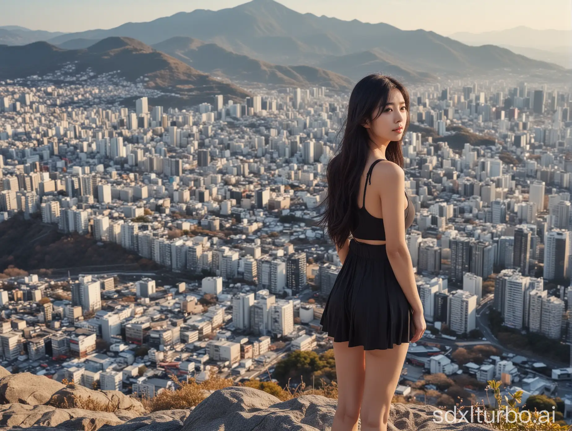 beautiful intellectual typical Japanese 33-year-old girl stands at a top of a mountain which is surrounded by a beautiful city, Instagram model, long black hair, warm, black eyes, height 6.5 feets, female, masterpiece, 4k, correct fingers or hands