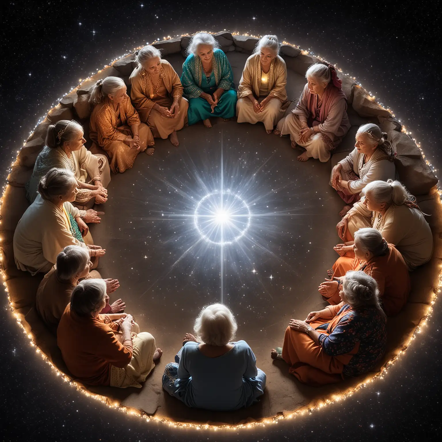 a council of earth and star grandmothers sitting in a circle with bright  celestial lights surrounding them