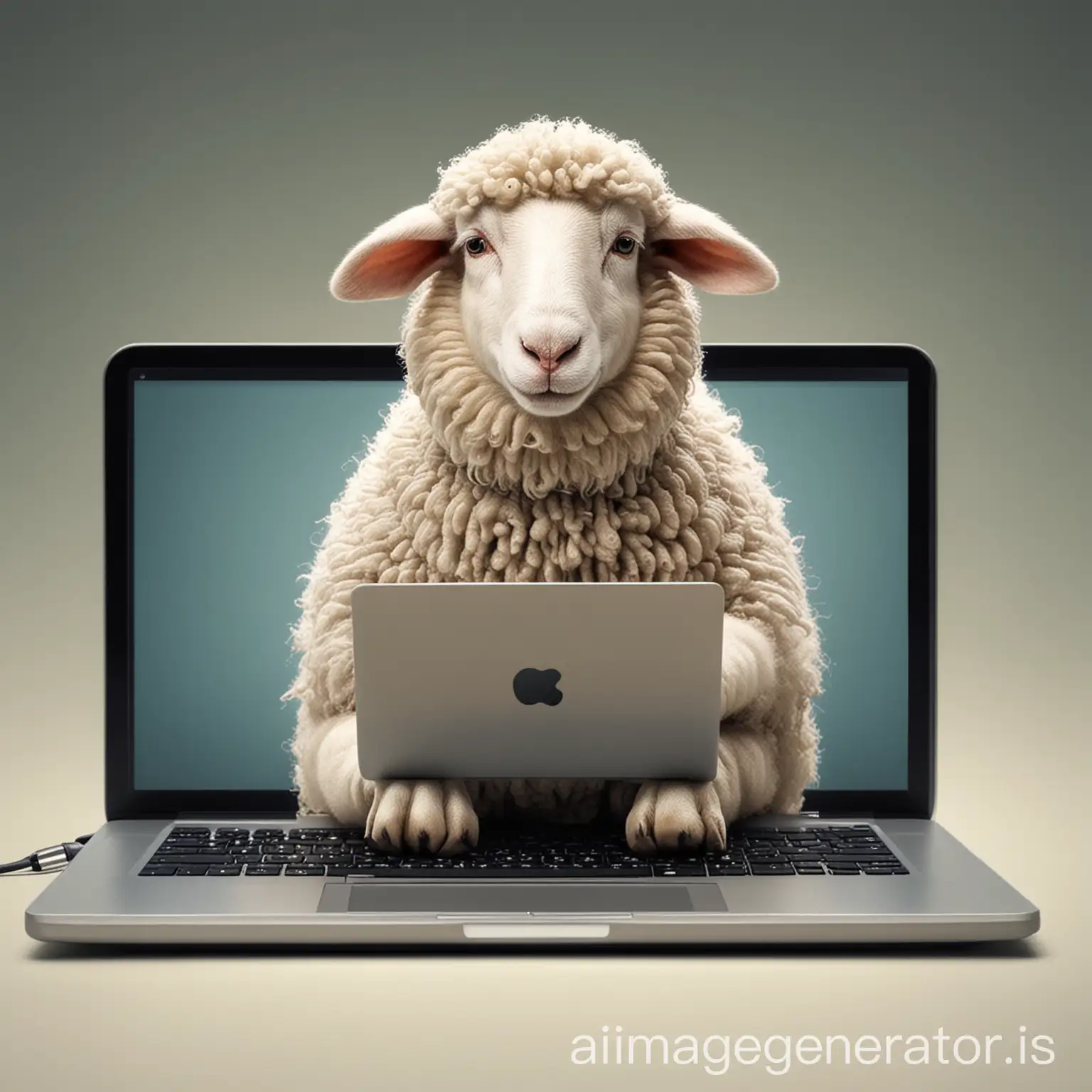 a sheep as a human character coming out of  laptop