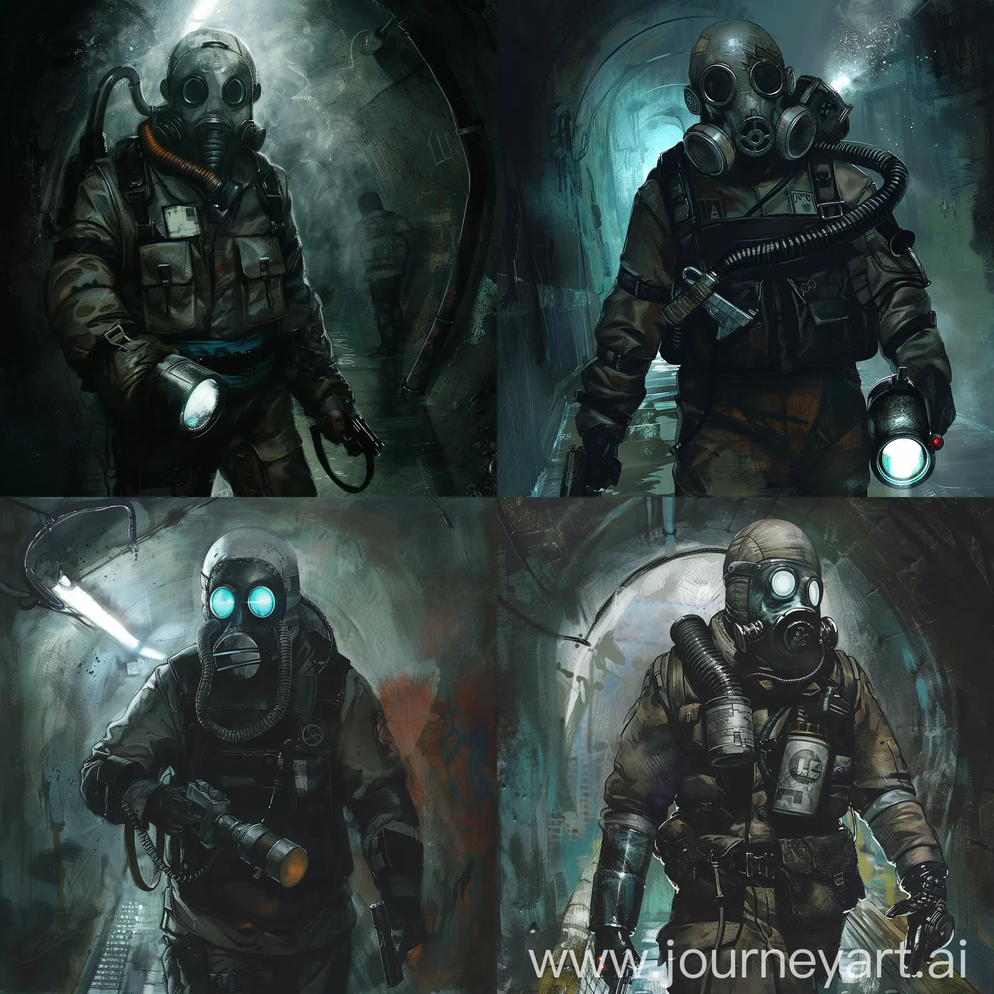 Metro 2033 art, a one survivor in a gasmask, in overalls, in the stalker's hand a large searchlight flashlight with a pen, in the other a pistol, the survivor walks through the flooded catacombs of the radioactive subway, no light sources, complete darkness behind.