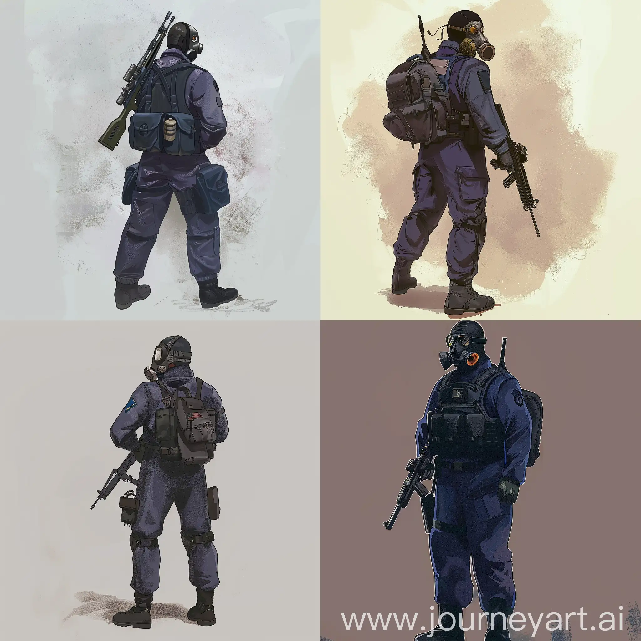 Comics character concept art design, Mercenary, STALKER game, dark purple military jumpsuit, gasmask, small military backpack, military unloading on his body, sniper rifle in his hands.