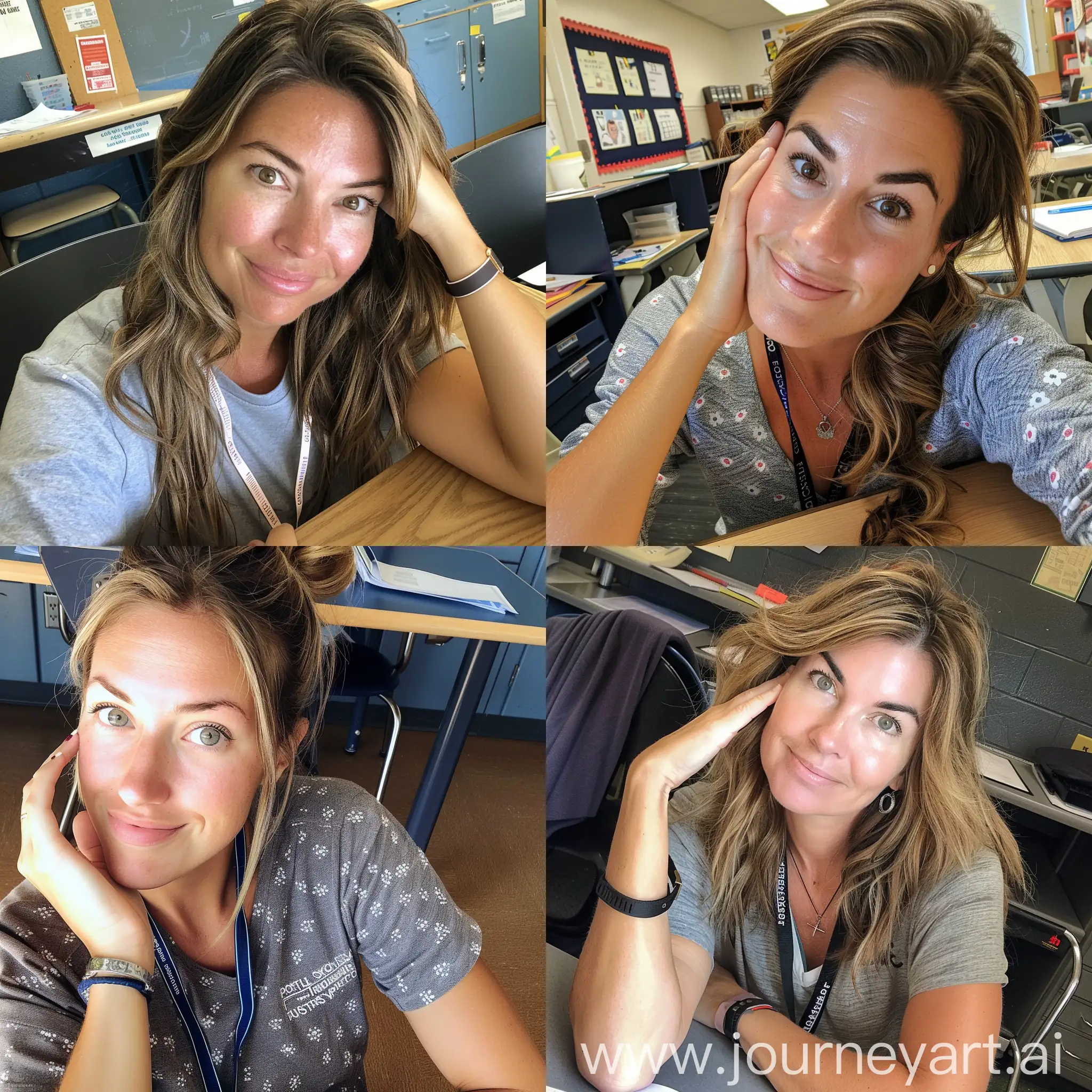 Friendly-Elementary-Teacher-Capturing-Casual-Selfie-Moment-at-Desk