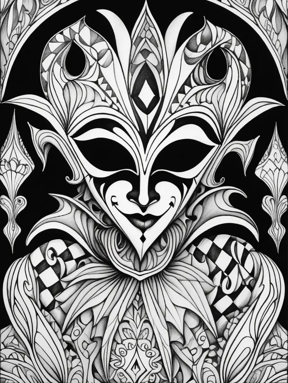 adult coloring book page, harlequin, jester mask, trippy dmt psychadelic background, high contrast, black and white, thick outline