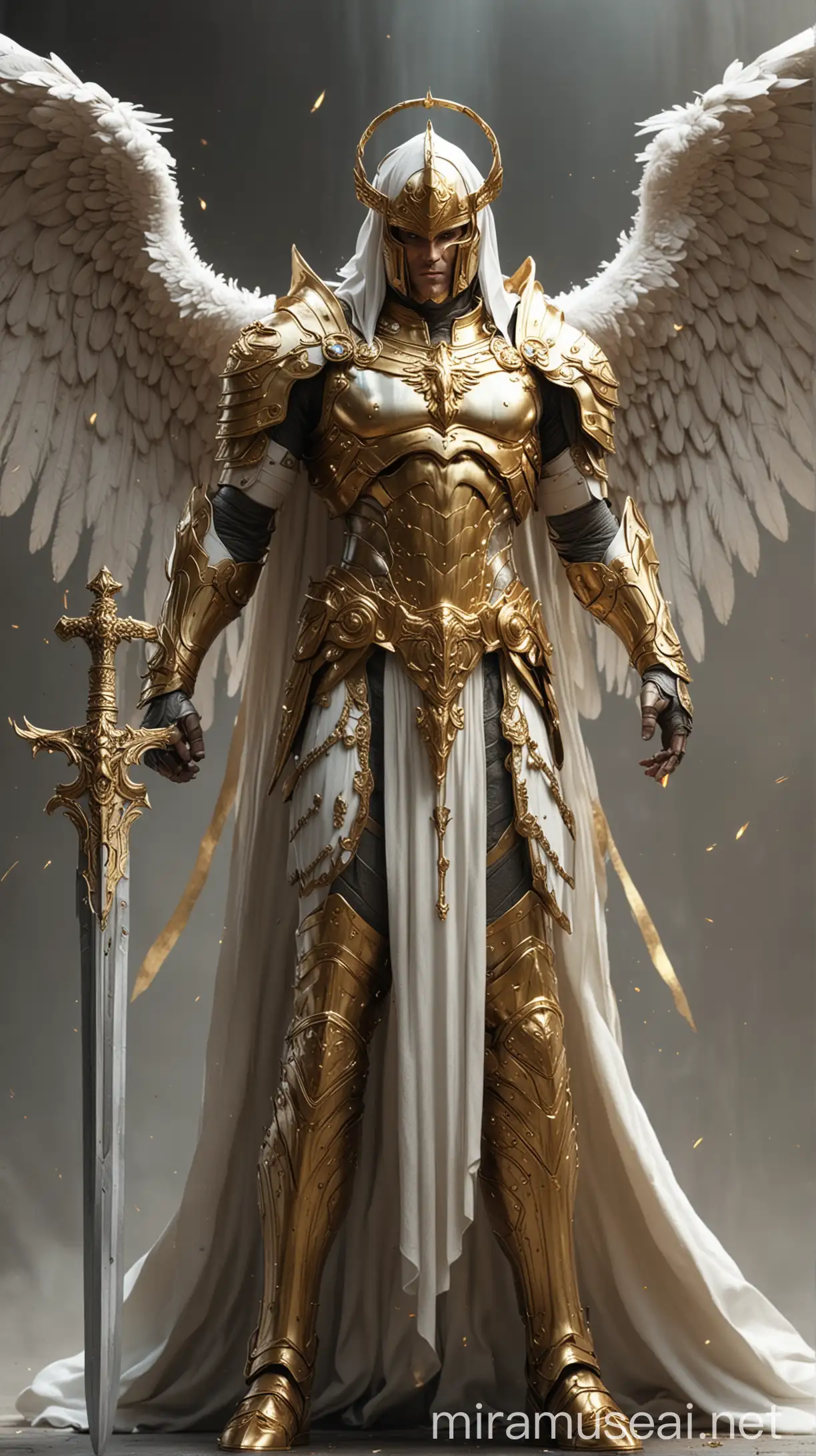 Golden Armored Archangel with Six Wings Brandishing Sword