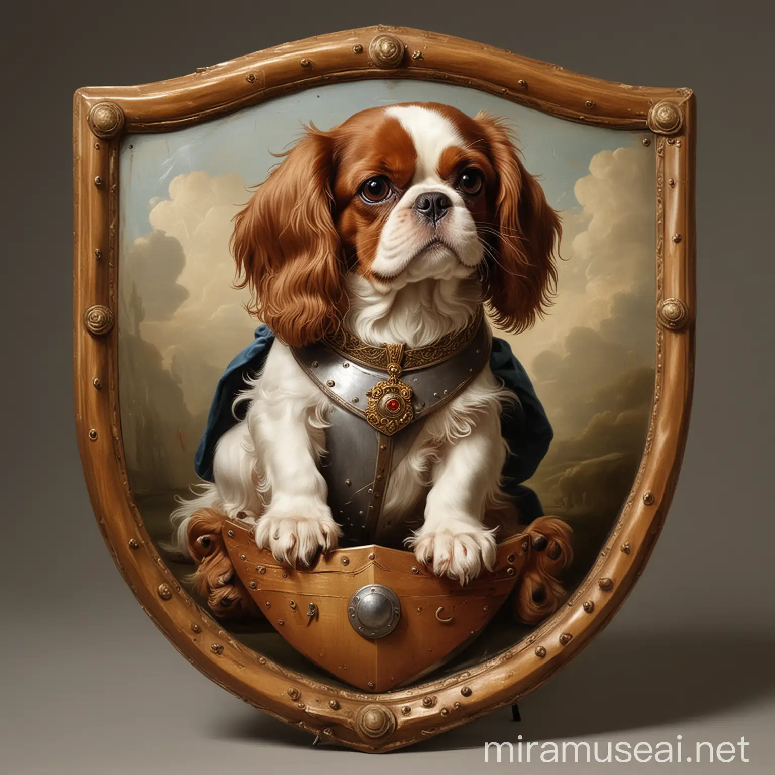 Regal King Charles Spaniel Holding Shield in Noble Pose