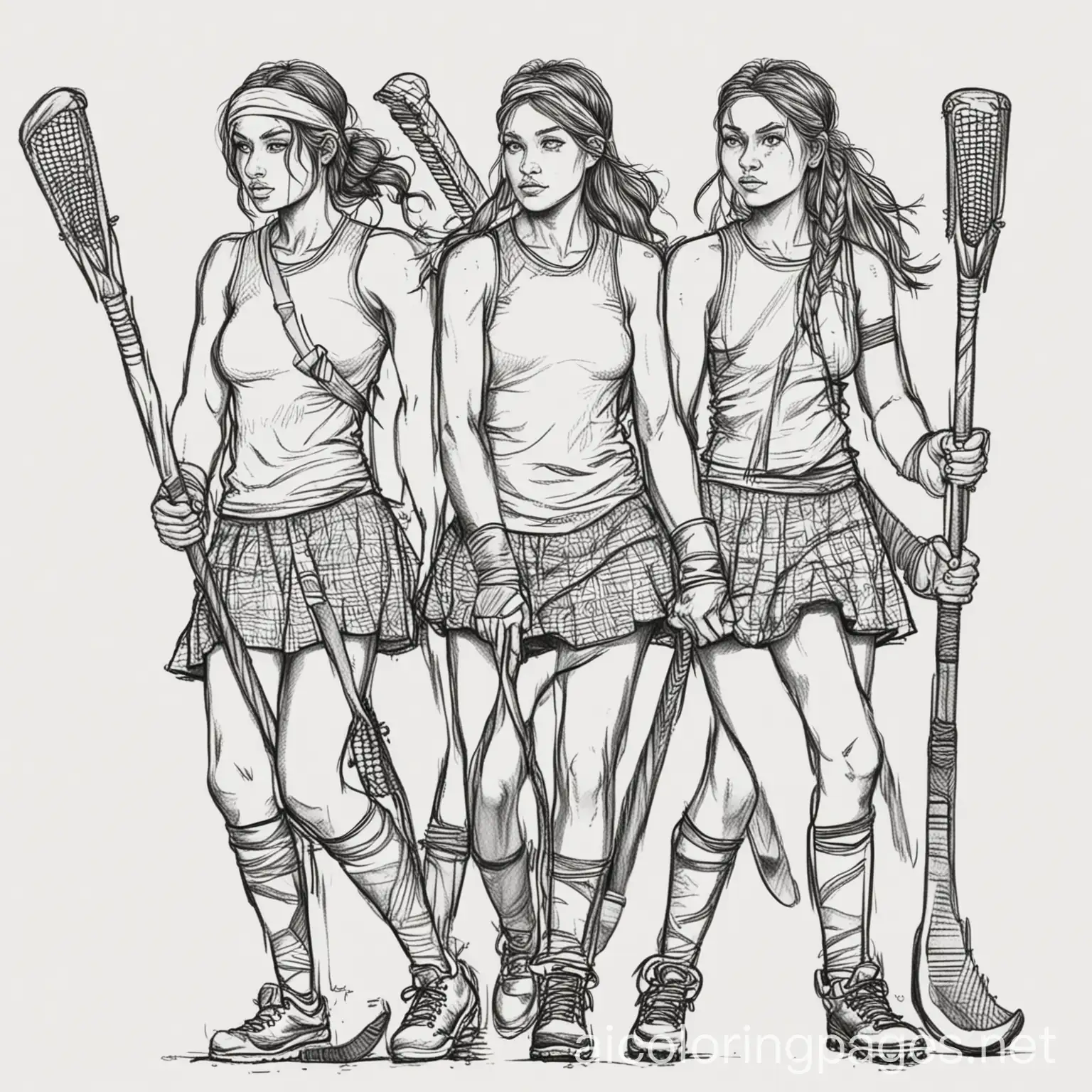 Tribu de Mujeres Luchadoras con Palos de Hockey sobre Césped, Coloring Page, black and white, line art, white background, Simplicity, Ample White Space. The background of the coloring page is plain white to make it easy for young children to color within the lines. The outlines of all the subjects are easy to distinguish, making it simple for kids to color without too much difficulty