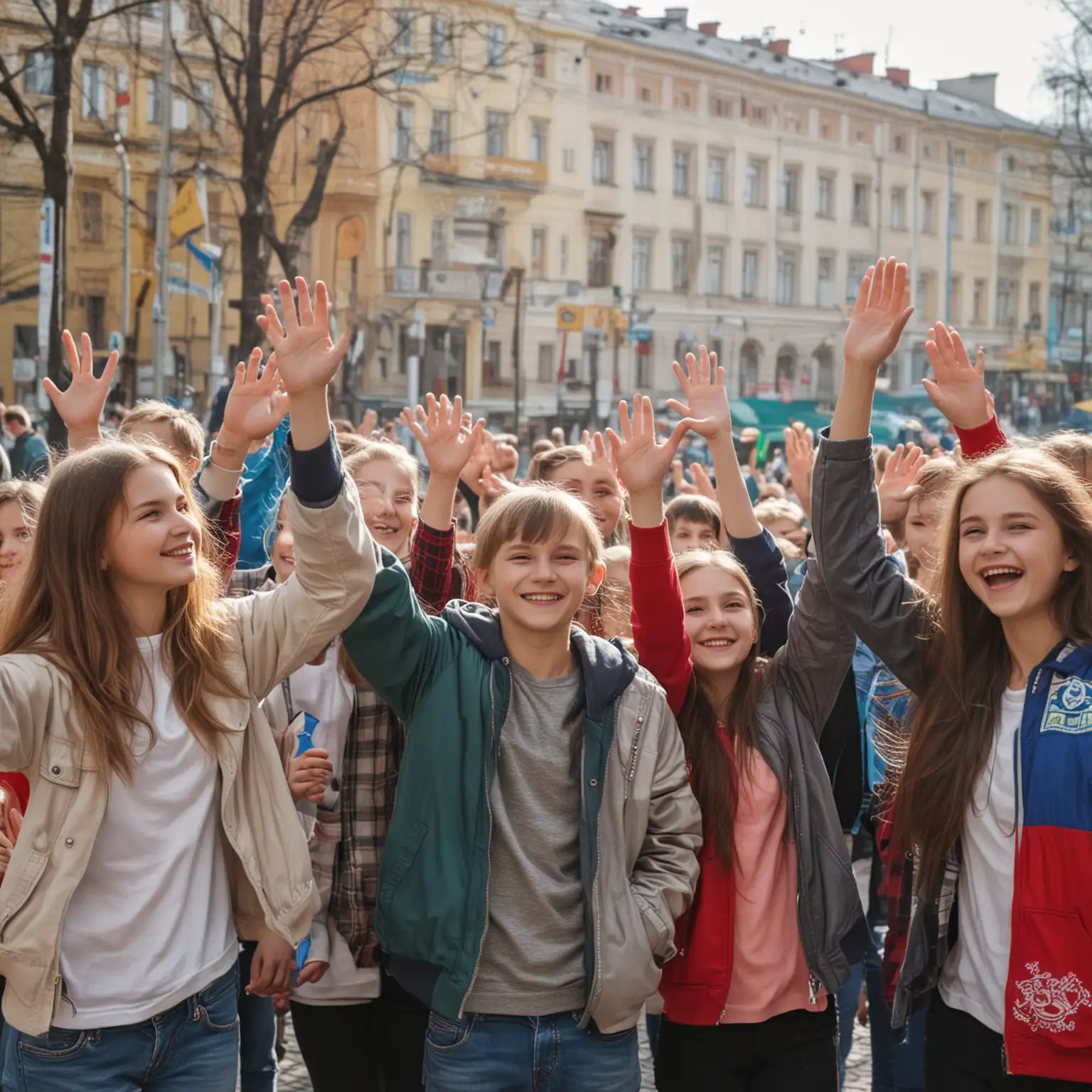Joyful-Russian-Teenagers-Waving-Hands-in-Celebration