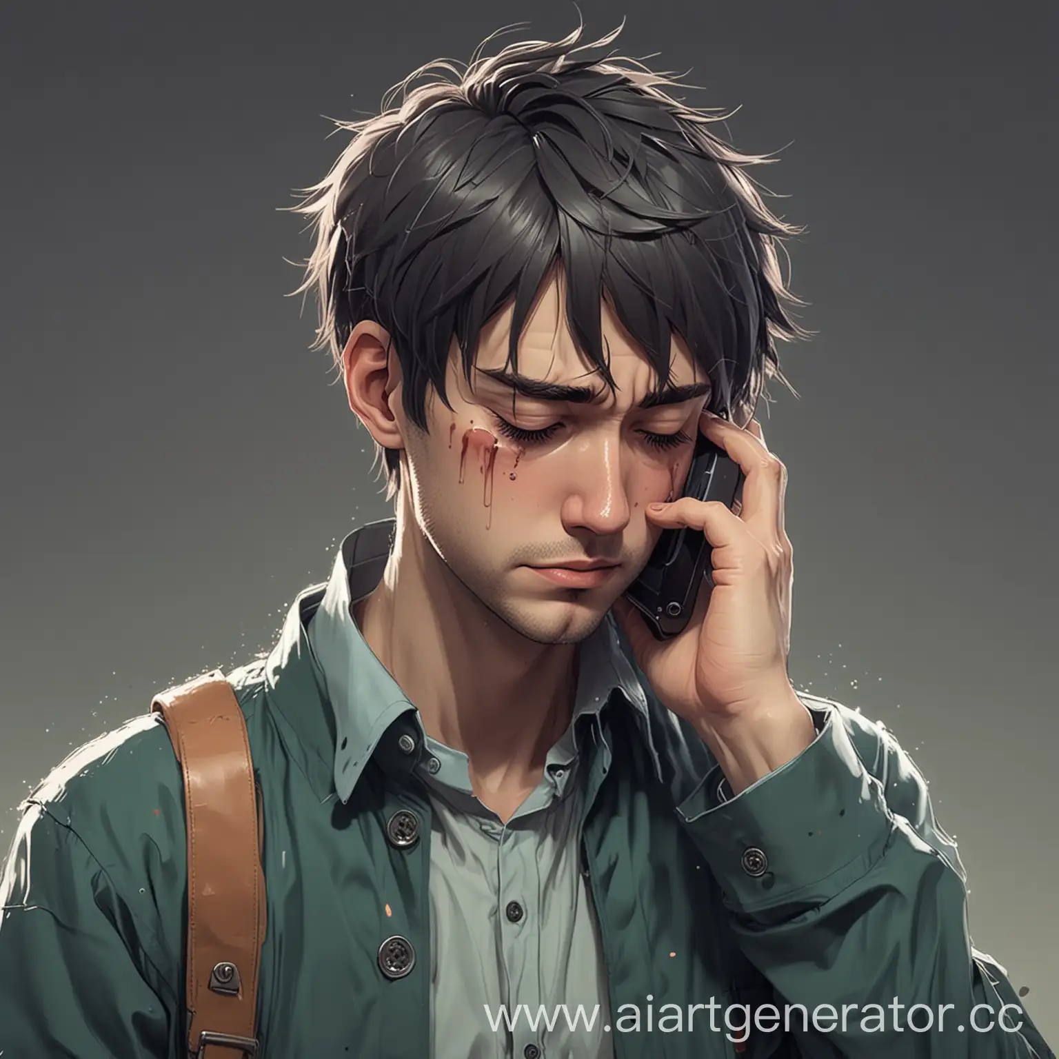 человек в аниме стиле держит телефон и плачет от грусти что его бросили, всё в мрачных цветах