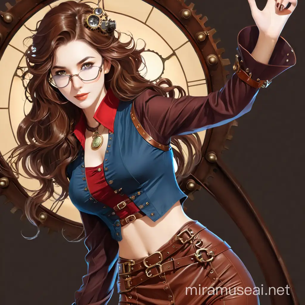 Visualize a slim and slender steampunk woman with beautiful features and (((brown))), long wavy hair), dressed in (red blouse closed at the top and open at the bottom bunched up showing her beautiful delicate nude abdomen,