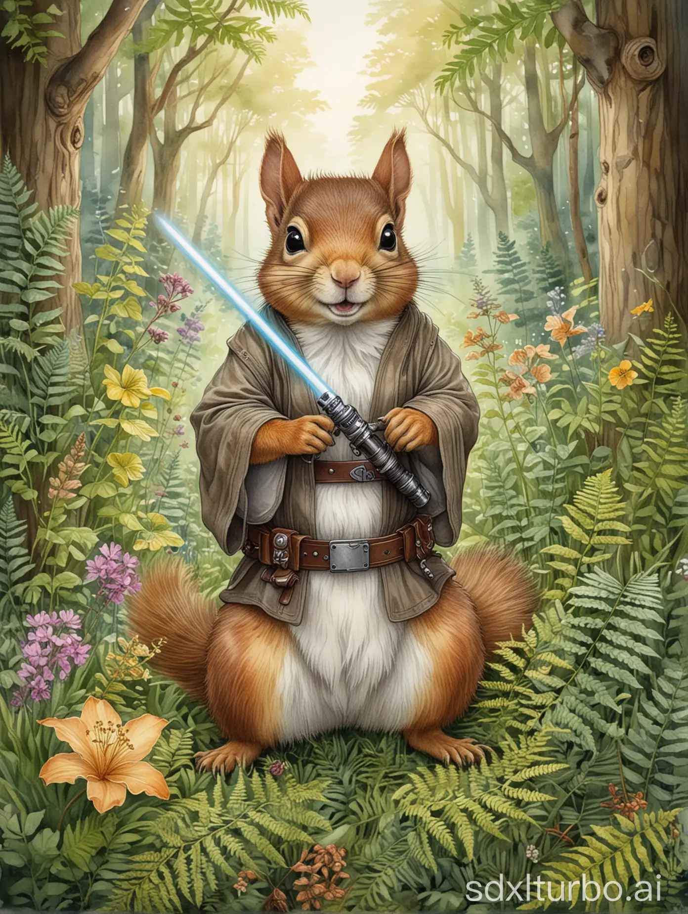 Squirrel as a Jedi Knight with a  lightsaber in an fairy-tale forest with wildflowers and fern, delicate detailed drawing and elaborate watercolor, art nouveau embellischments