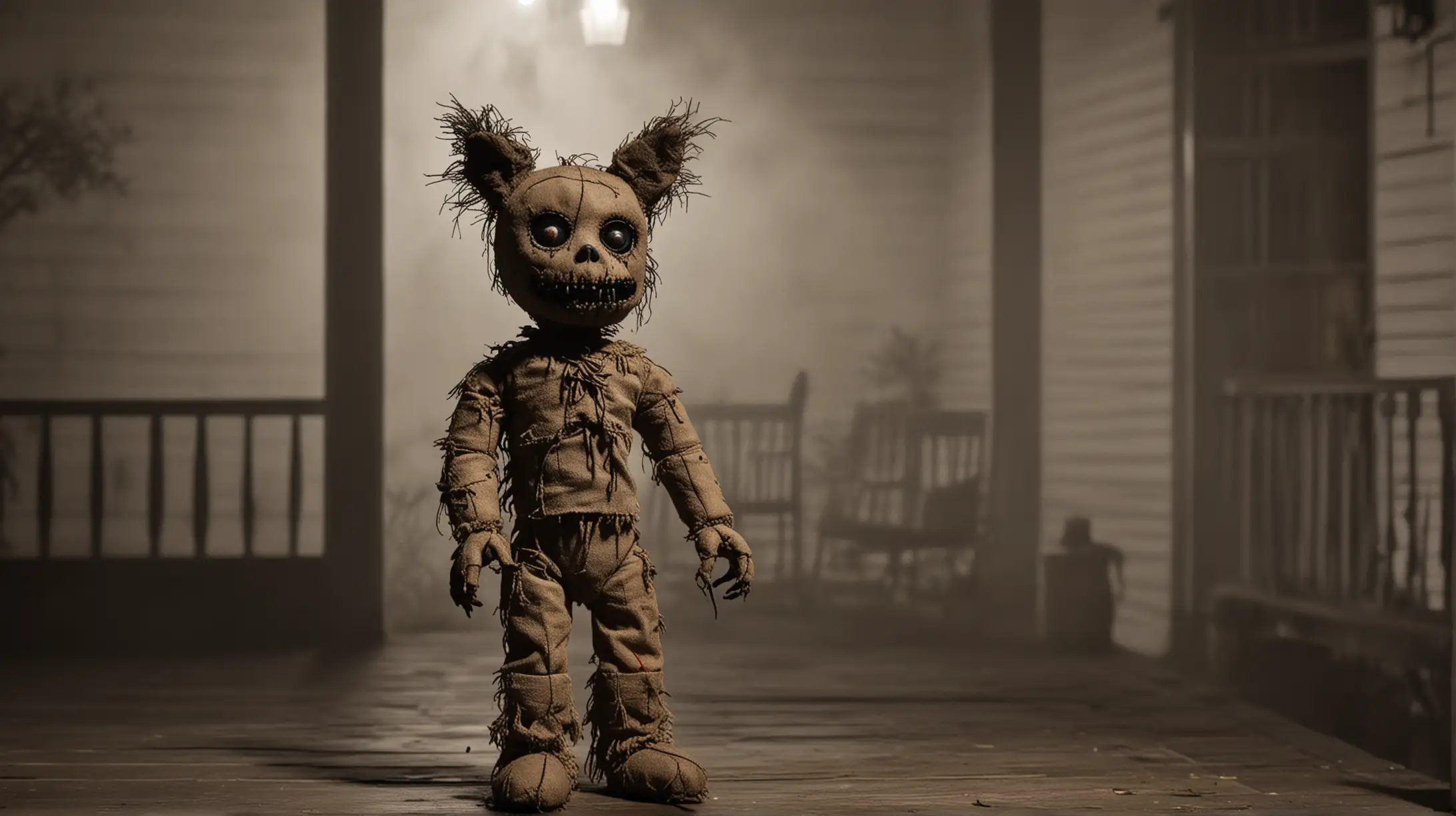 a voodoo doll that looks like a  werewolf on the back porch of a Louisiana plantation mansion at night in the fog