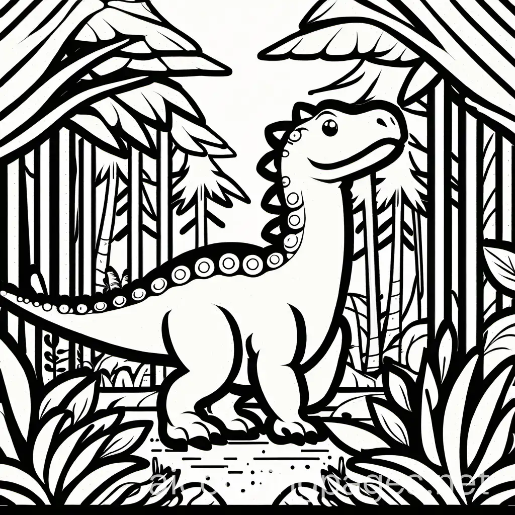Dinosaur in big forest black and white coloring page for small kids. , Coloring Page, black and white, line art, white background, Simplicity, Ample White Space.