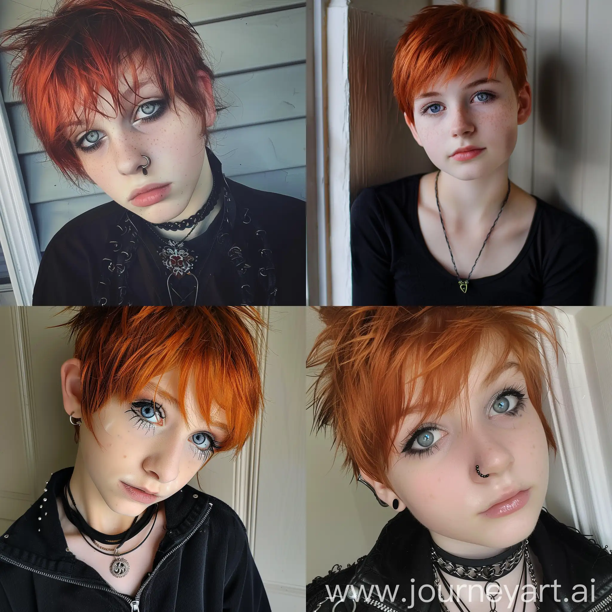 15 year old girl, goth, pixie cut, red hair, icy blue eyes
