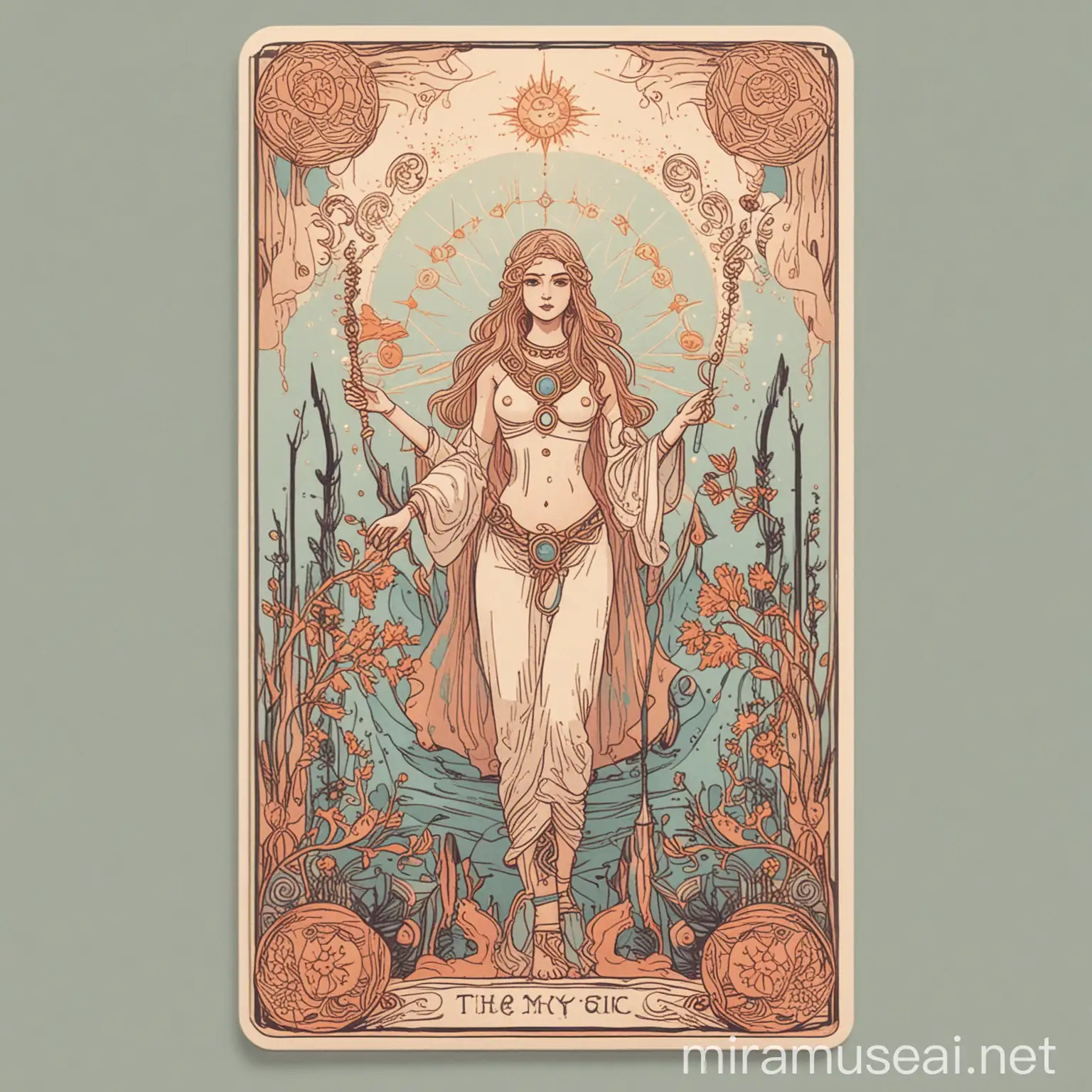 Similar to a Tarot Card, design an minimalist illustration with soft color for the archetype "the mystic" here the keywords to the character. BEYOND MAYA - OCCULT KNOWLEDGE - GREAT MYSTERY.  Avoid 3d, anime and carton like design