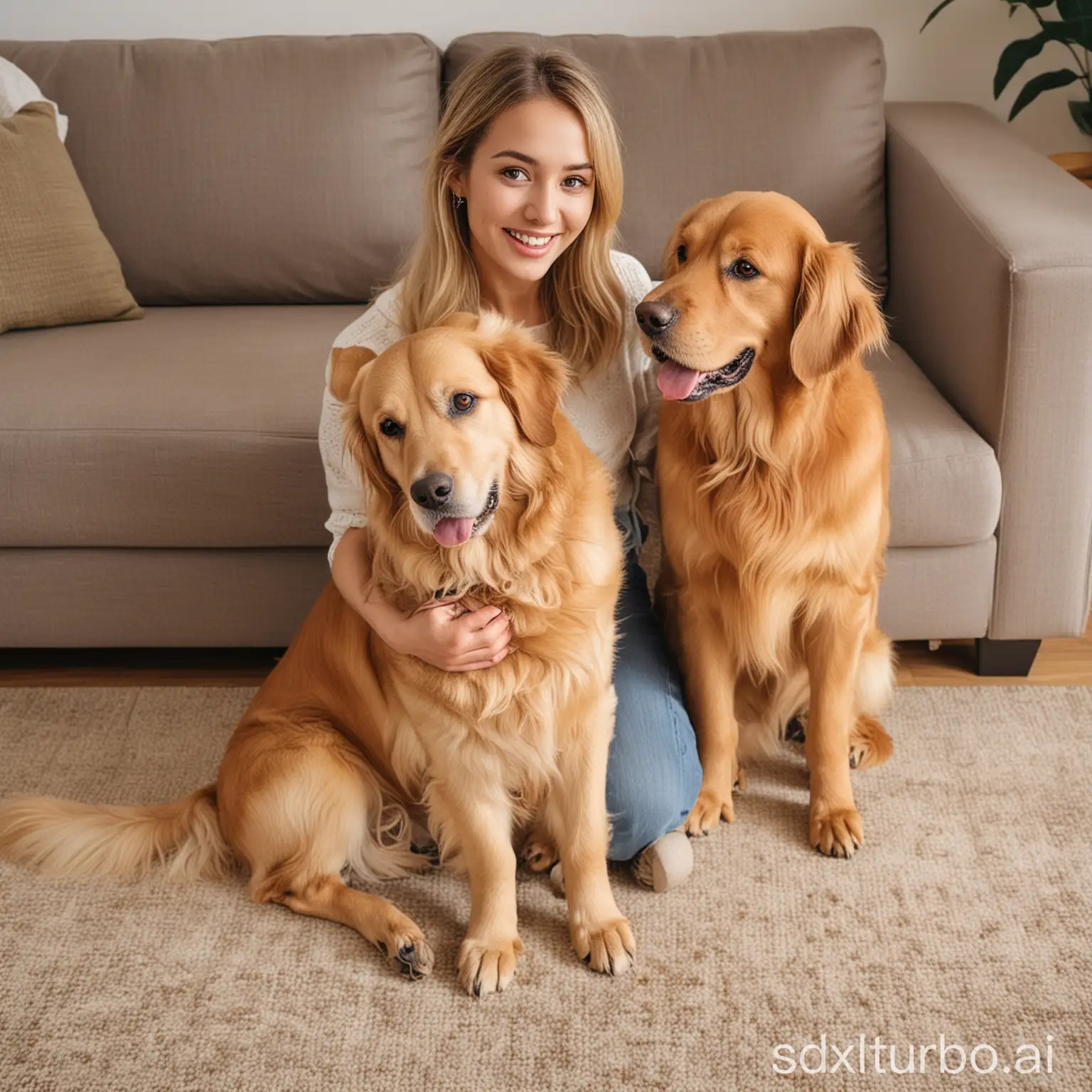a beautiful foreign adult female holding a golden retriever sitting on the carpet in the living room