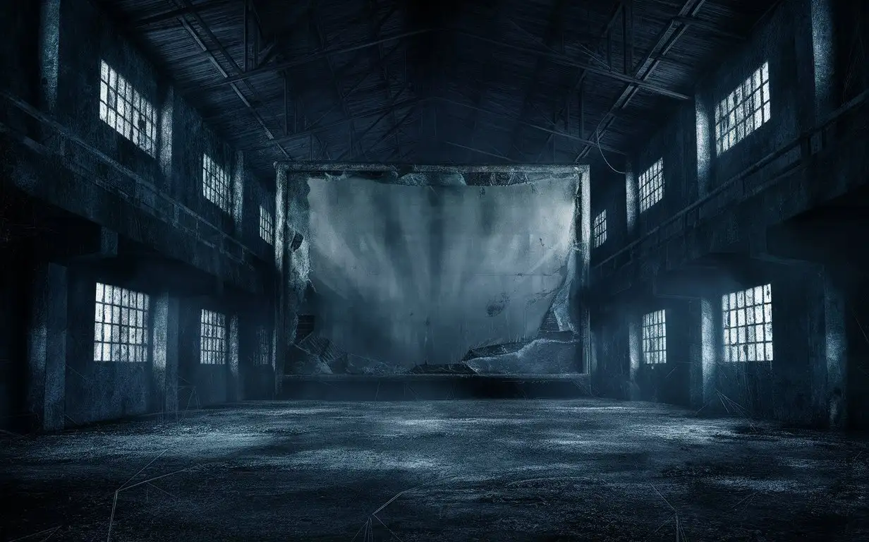 old warehouse hall with big movie screen at its end, horror