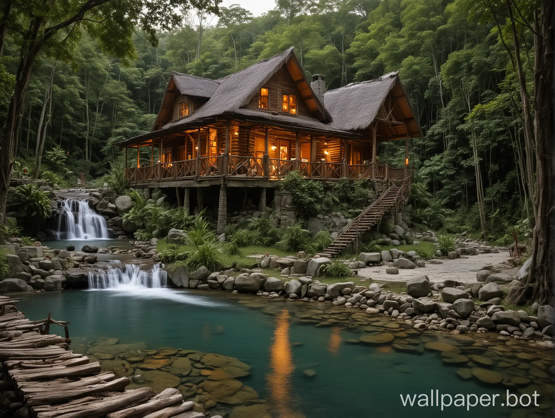 Secluded Log cabin in the mountains with a waterfall, clear water, Philippines, fireplace, Hammock on the porch, at night, tiki torches