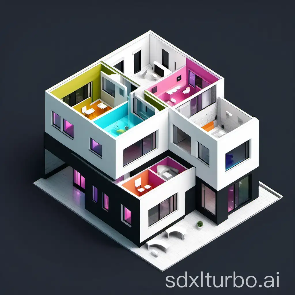 white residential house, interior layout with color segmentation, flat roof, isometric view, black background, 2 stories