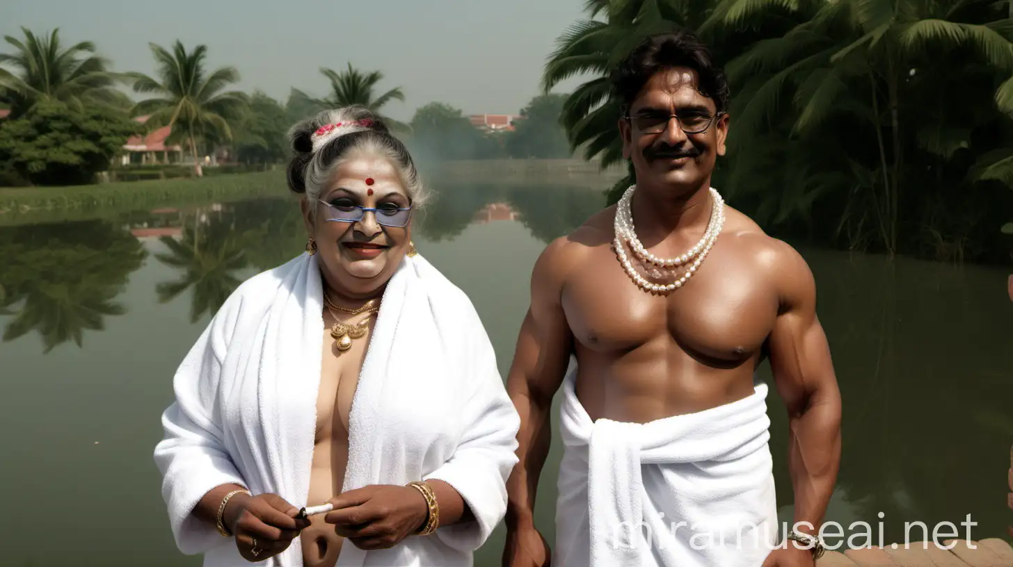 Elegant Indian Woman and Young Man with Morning Catch by Luxurious Pond
