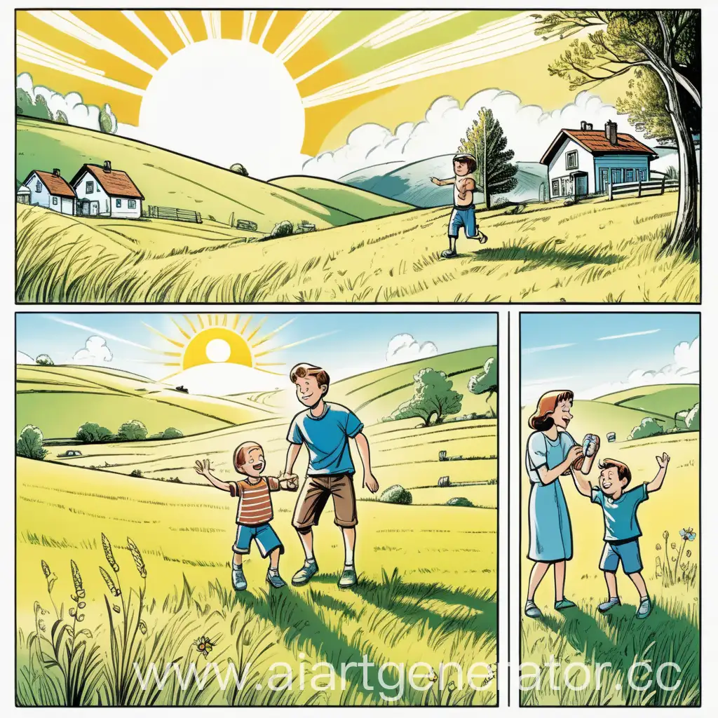 раскадровка, кадр первый, Мальчик с родителями счастливо играет на поляне вокруг их дома, Фоном служит яркое солнце и прекрасные зеленые холмы, в стиле комикса, нарисованный

