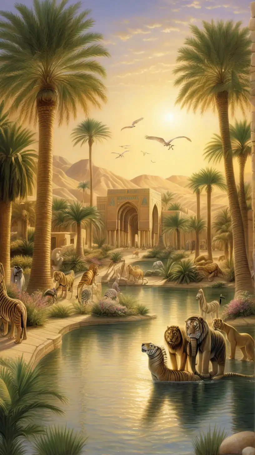 A lush, fantastical oasis bathed in golden light, with the Tigris and Euphrates rivers winding through it. Palm trees, exotic flowers, and majestic animals abound. (Mesopotamian Oasis)

