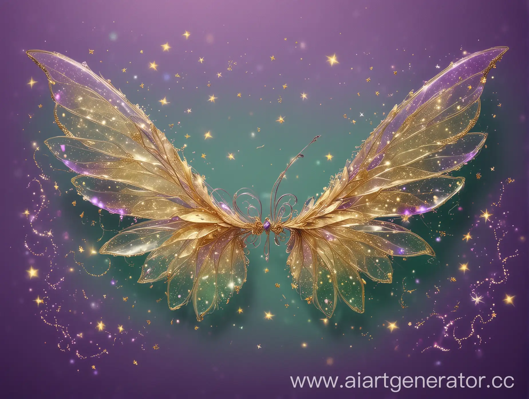 Enchanting-Party-Atmosphere-Transparent-and-Golden-Fairy-Wings-on-a-PurpleGreen-Background