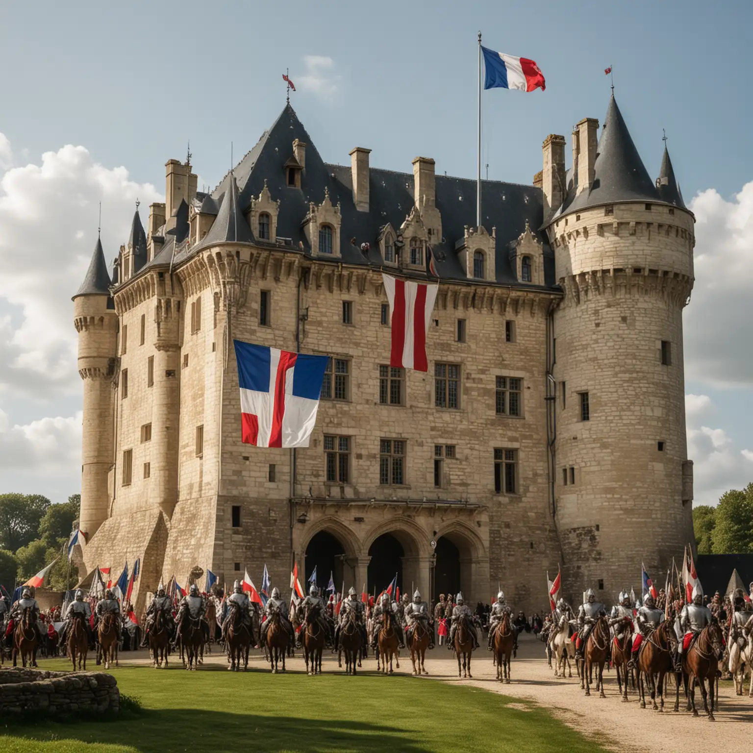 一座诺曼风格的城堡，城堡上飘扬着法国旗帜。城堡旁边是穿着中世纪服装的诺曼贵族和士兵，象征诺曼人对英国法律和城堡建设的贡献。
