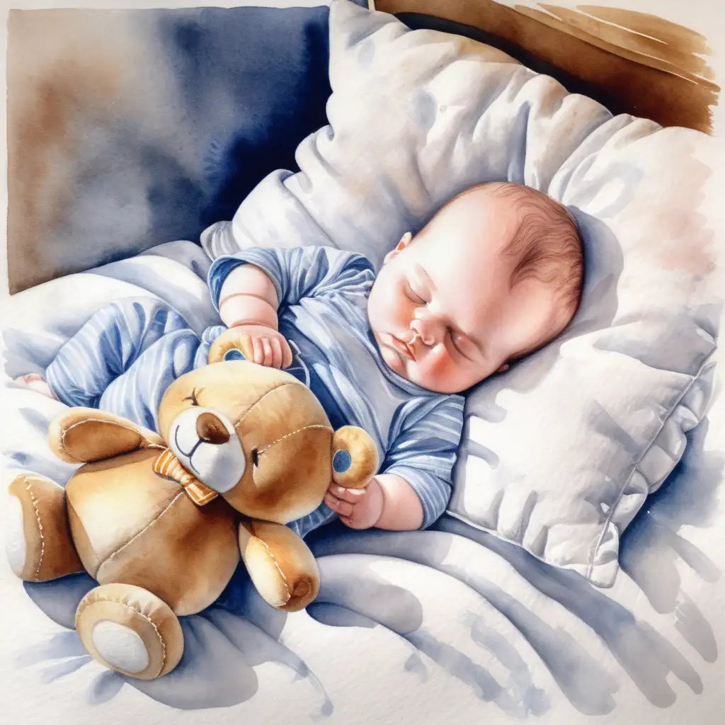 Peaceful Baby Sleeping with Plush Toy in Watercolor
