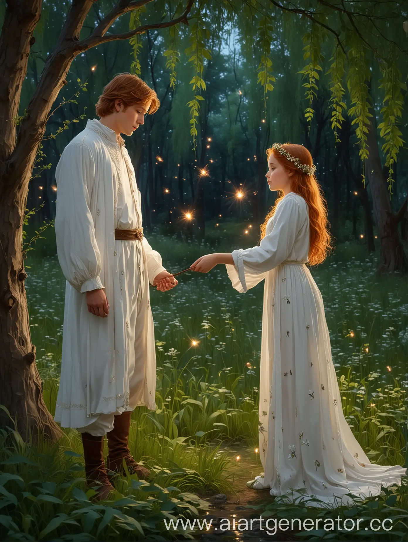 В вечернем лесу, стоя под ивой в белых одеяниях каштаного волосые Принц и принцесса, вокруг летают светлячки