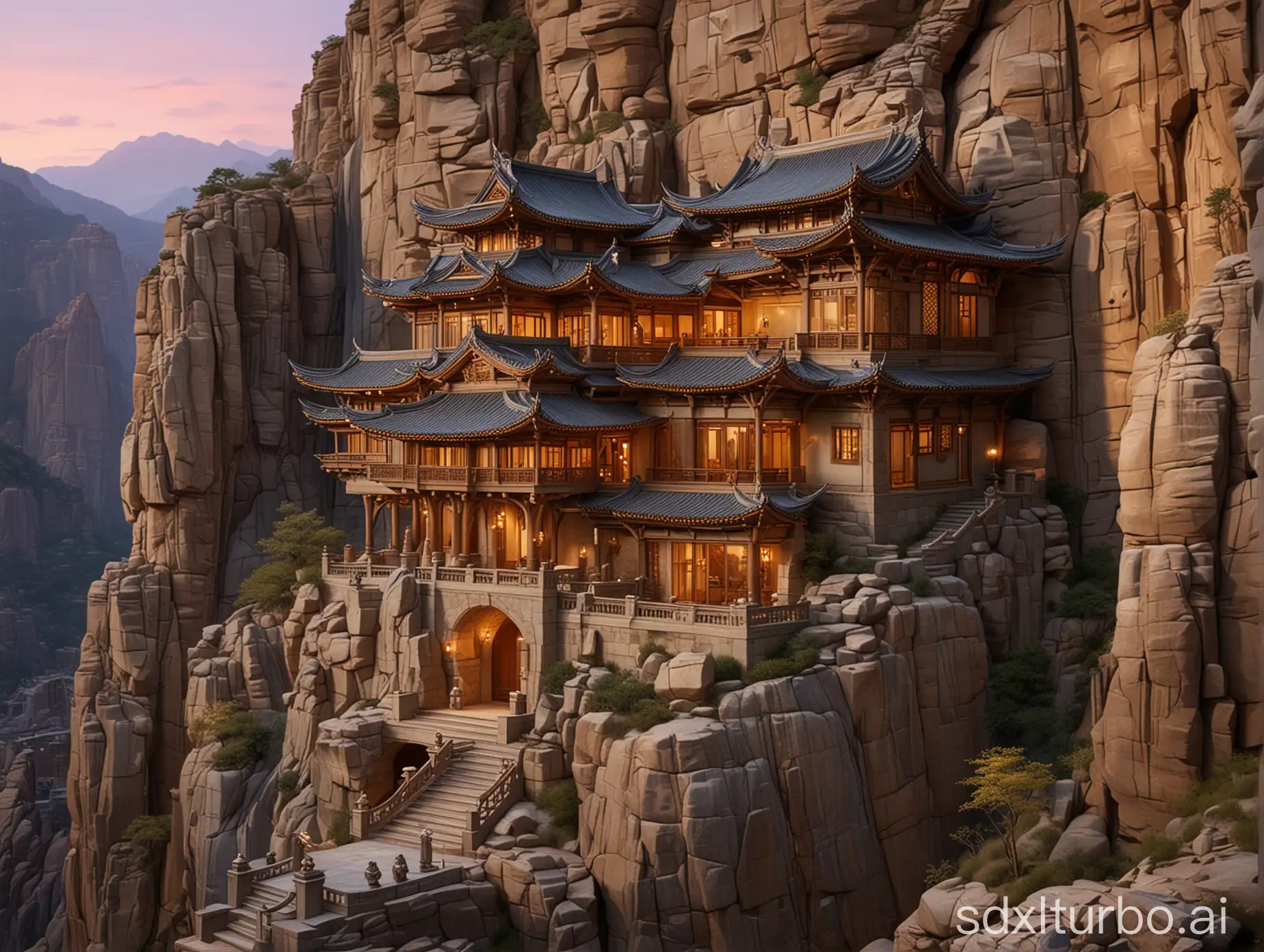 A fantasy design of a magical house, with the influence of Asian architecture, was built hanging on the rocky canyon wall, dusk time, in the style of Leyendecker.