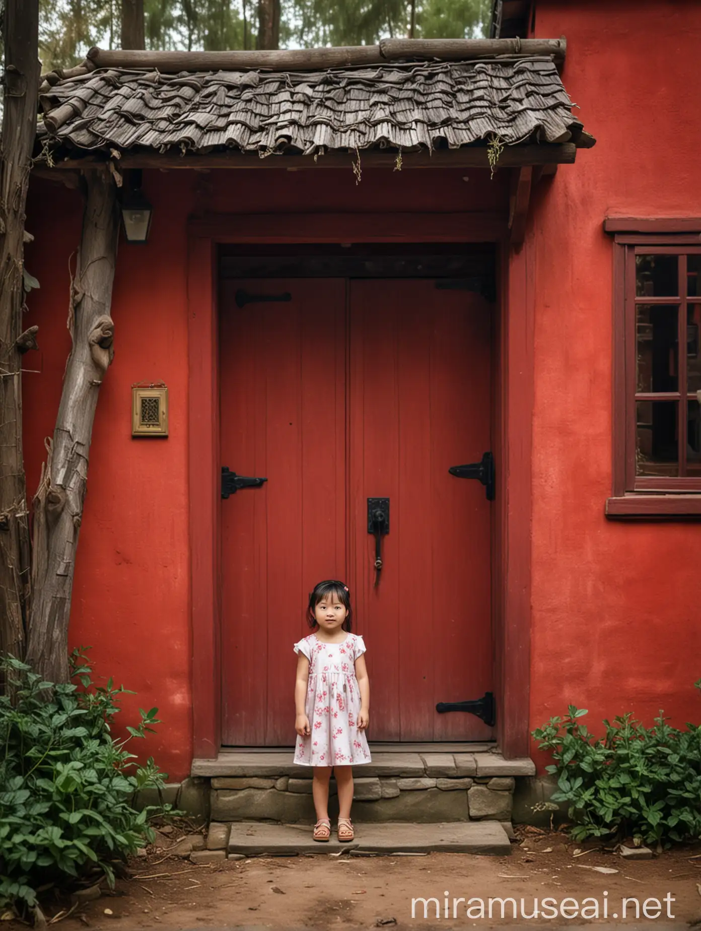 Little Chinese girl in front of the door of a red cottage in a forest