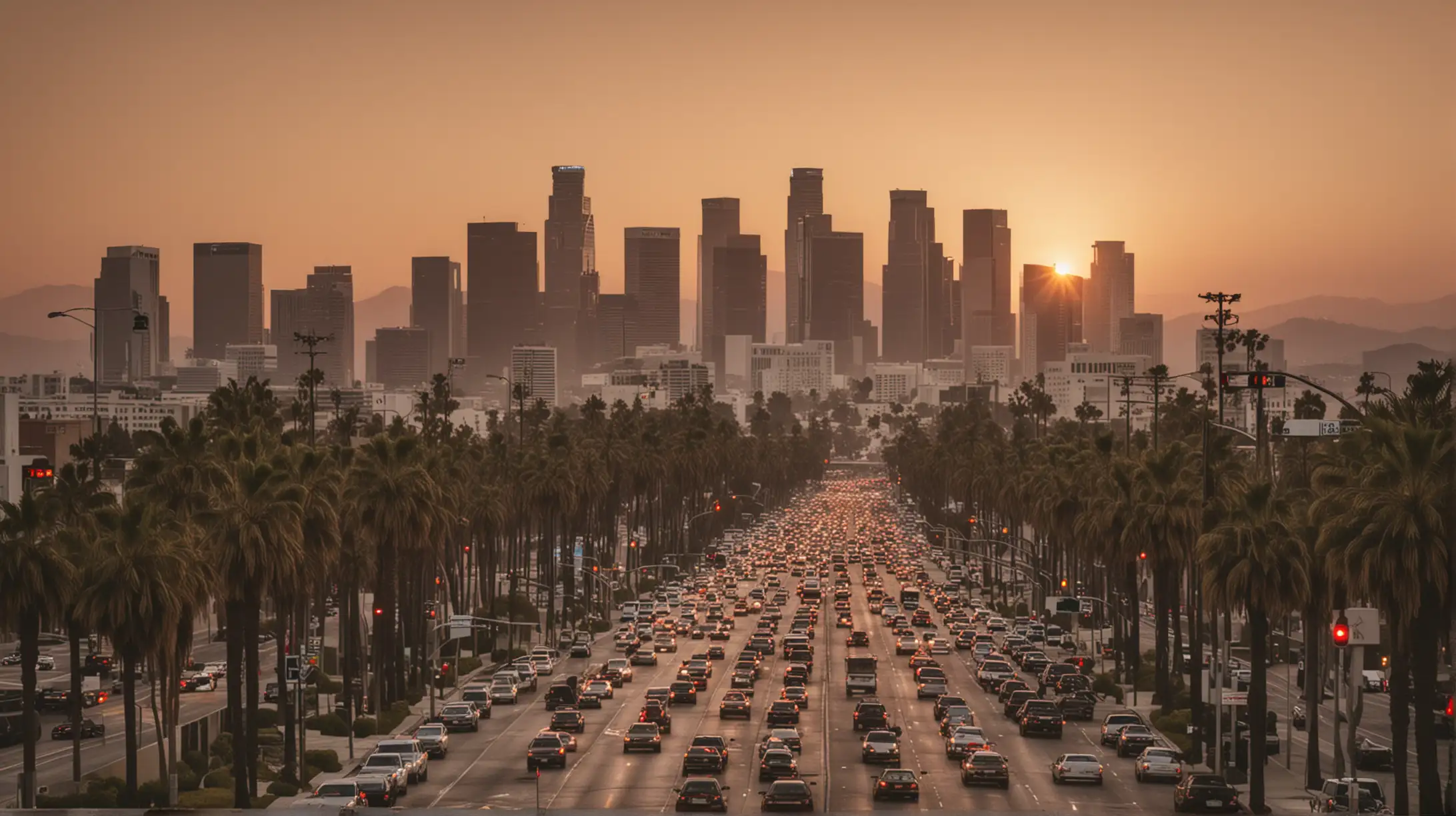 Busy Los Angeles, sunset, raw photo, cityscape,