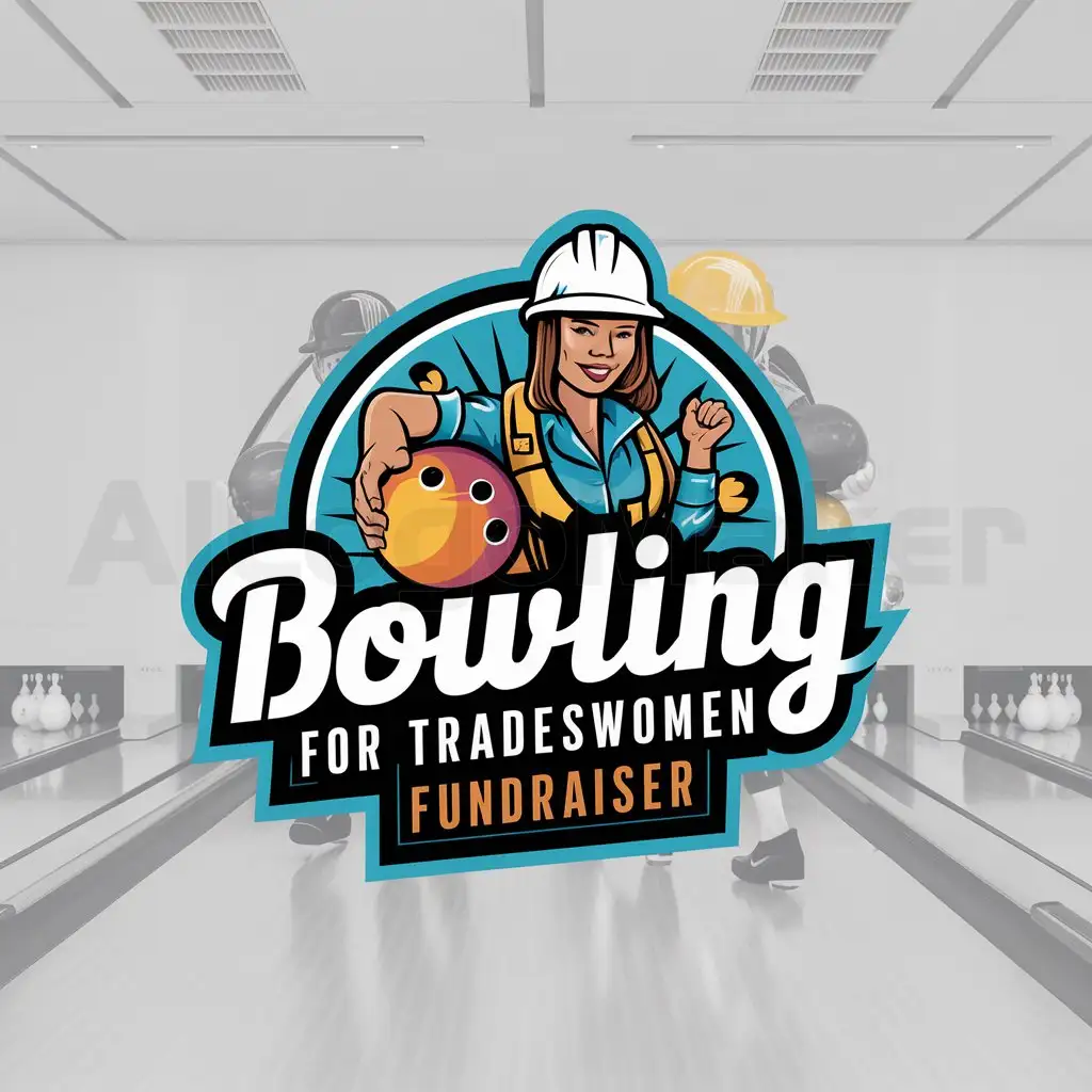 a logo design,with the text "Bowling for Tradeswomen Fundraiser", main symbol:bowling, woman in hardhat, bowling ball, construction,Moderate,clear background