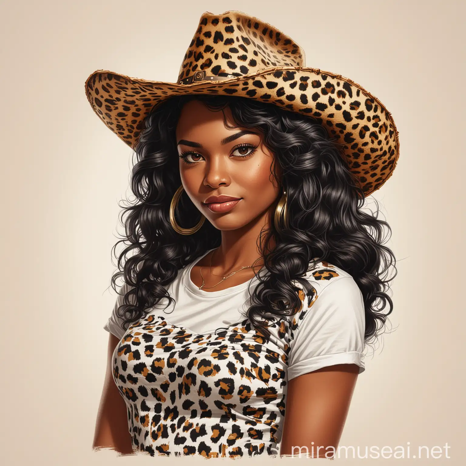 Design a retro-style illustration for T-shirt featuring an African American cowgirl with long black wavy hair, tipping her leopard print hat, set against white background. No cropping.