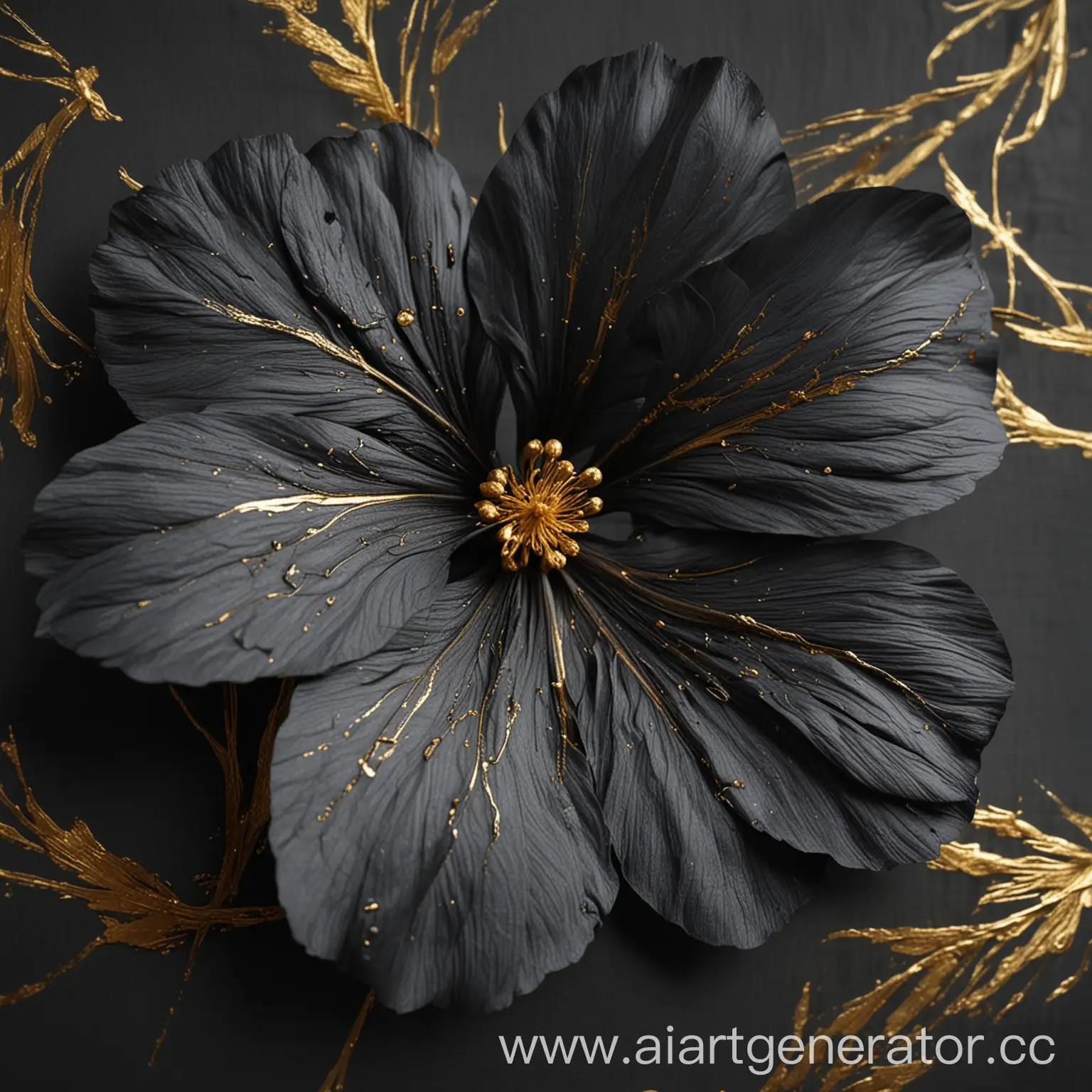 Лепестки цветка черно серого оттенка, золотые штрихи на жилках лепестков, выглядит благородно и дорого 