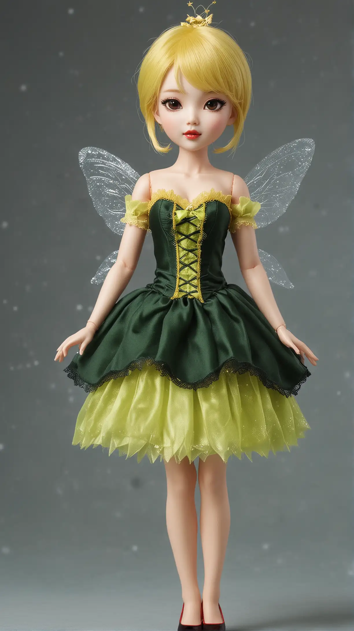 Kim Hye-yoon Beautiful Doll. black and yellow hair. wearing a green Tinkerbell costume. Red Shoes.