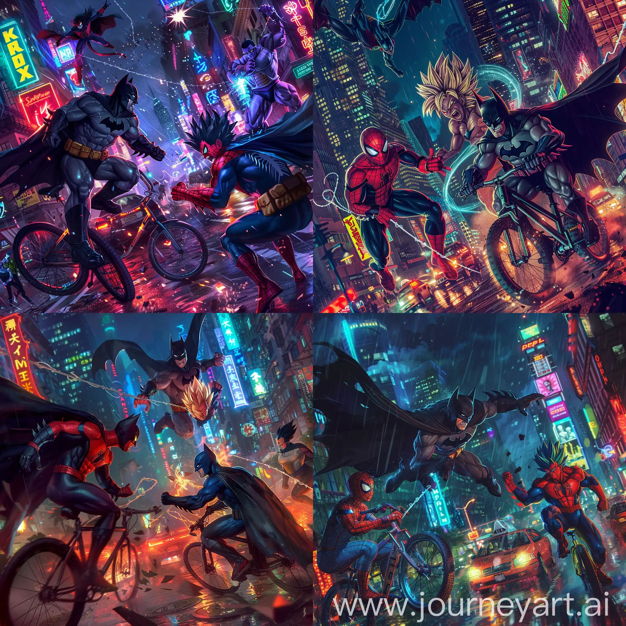  batman riding a bike
Batman and Spider-Man fighting Goku in a nighttime urban cityscape, neon lights, intense battle, Batman throwing a batarang, Spider-Man swinging on a web, Goku in Super Saiyan form preparing a Kamehameha, detailed, dynamic action scene
