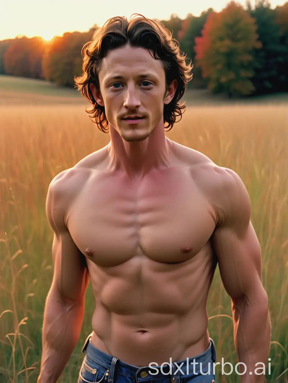 youthful fit and built Adonis-like Jonathan Tucker, with hairy chest and eight pack abs shirtless in vintage ripped jeans, in a midwestern meadow during fall at sunset, vibrant volumetric lighting on face and eyes, medium upper body shot, 16k, very high quality, very high resolution, 35mm camera, Adonis, nsfw, face and upper body portrait by Bruce Weber,