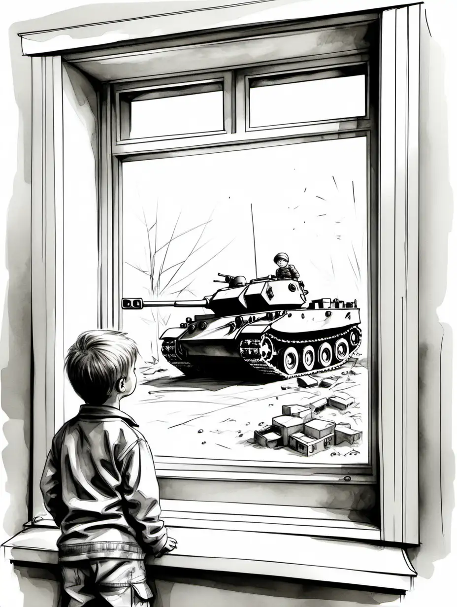 Curious Boy Looking at Military Tanks Sketch Through Window