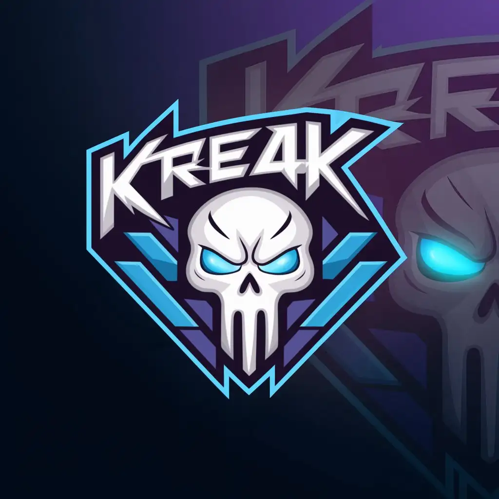 a logo design,with the text "Kreak", main symbol:Logo for gamer and programmer with username Kreak. Color blue and dark blue also can use purple.Draw username like a horror,Moderate,be used in Technology industry,clear background