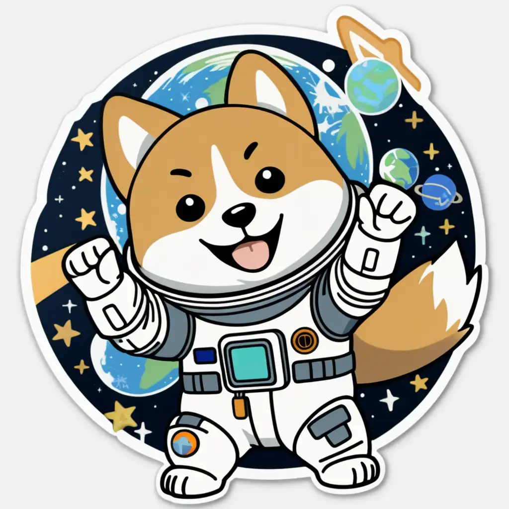 Friendly Cartoon Shiba Inu Wearing Space Gear Waves Hello Sticker