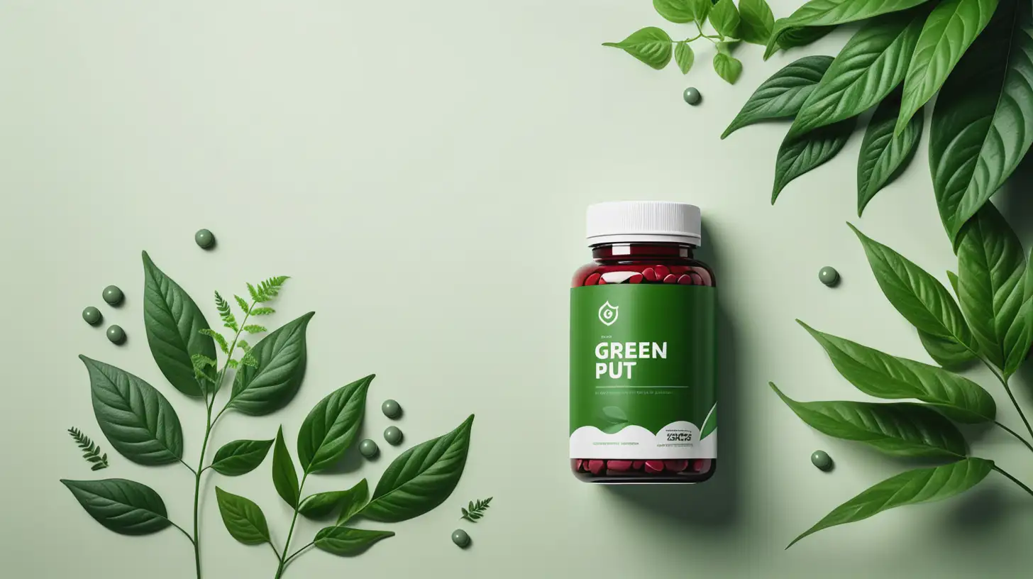 Create an image with minimalistic background that incorporates green plants and dietary supplements, no watermark
