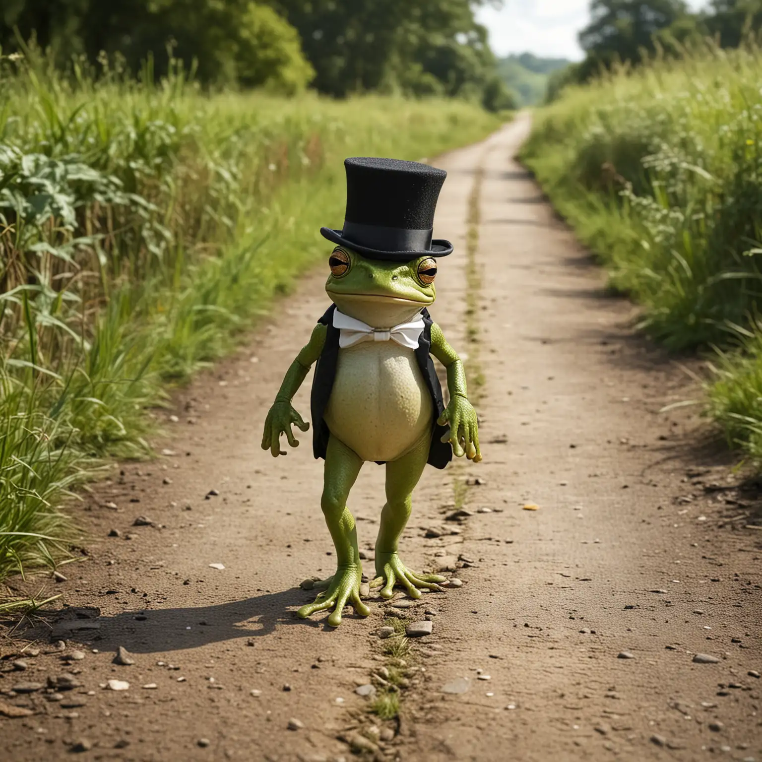 a frog walking a long a country path wearing top hat