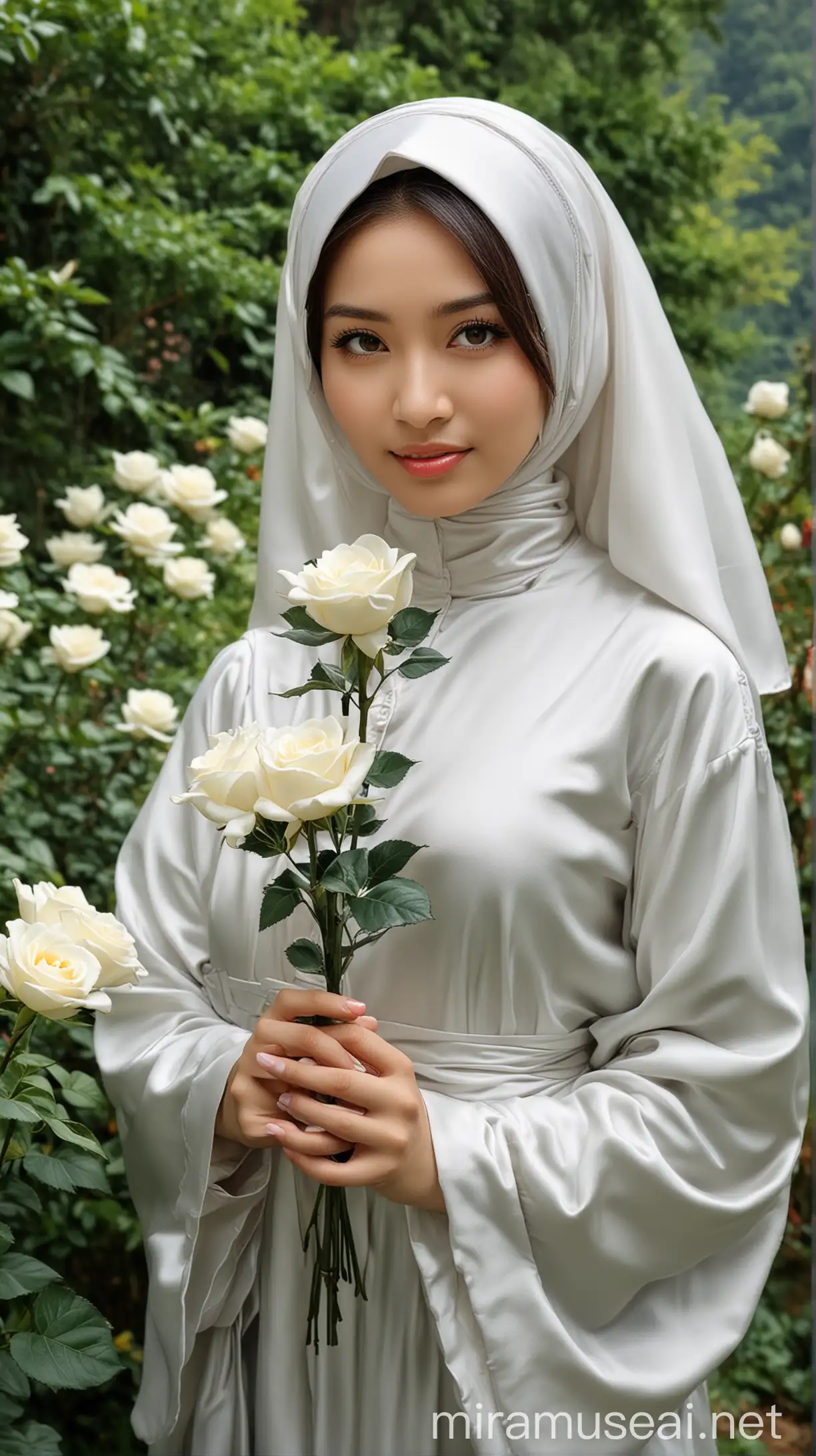 Beautiful girl muslim from Japan, perfect beautiful face,wearing hijab, satin abaya,hand holding a white rose , stylish Perfect model photo, perfect picture, (realistik)tea garden and mountain and forest background,super perfect perfect arms, perfect face, perfect whole body